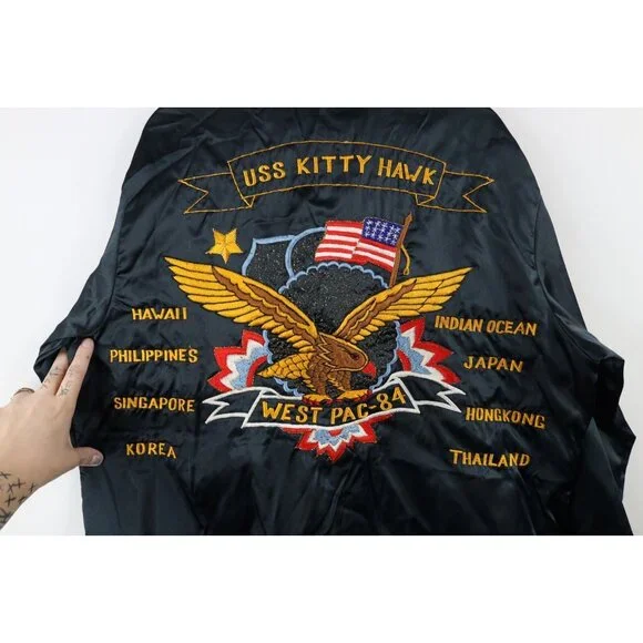 Vtg 80s Mens Large Distressed USS Kitty Hawk West Pac 84 Souvenir Jacket Sukajan